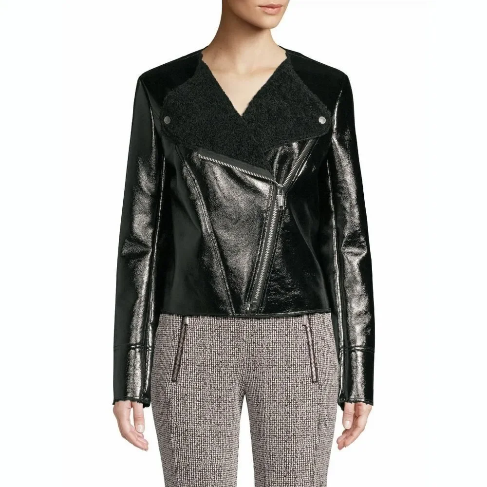 New! MICHAEL KORS Faux Leather Black Biker Jacket Size XS Faux Shearling Collar